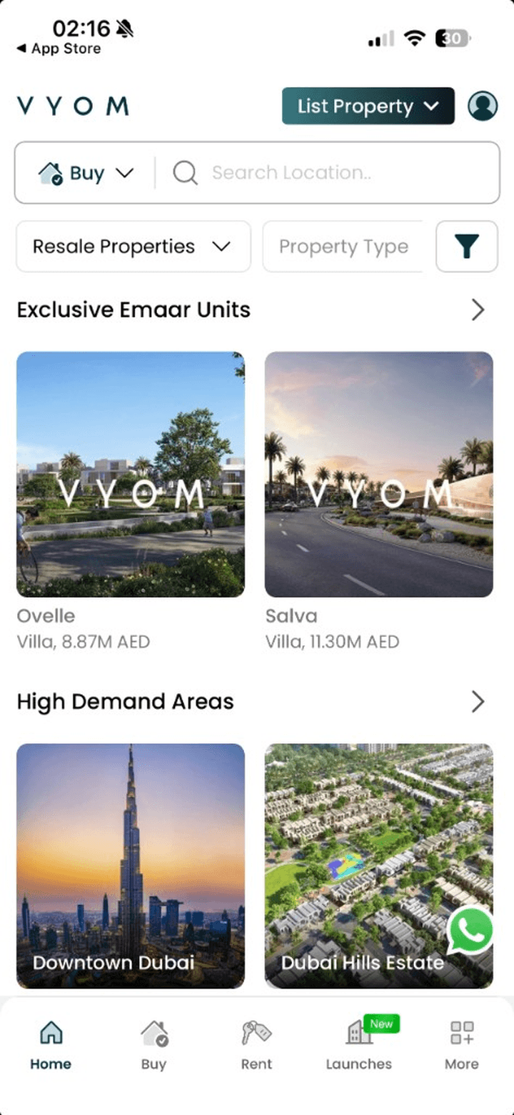 Vyom by Emaar mobile interface
